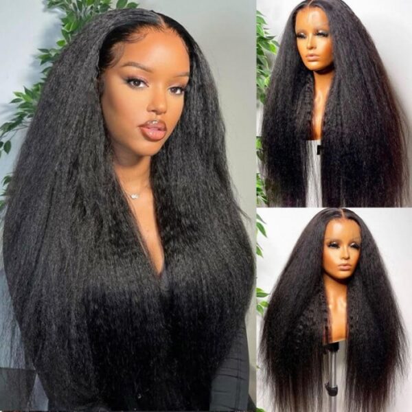 Qmiss 180% Density Kinky Straight T-Part Lace Wig 100% Unprocessed Human Hair Natural Black
